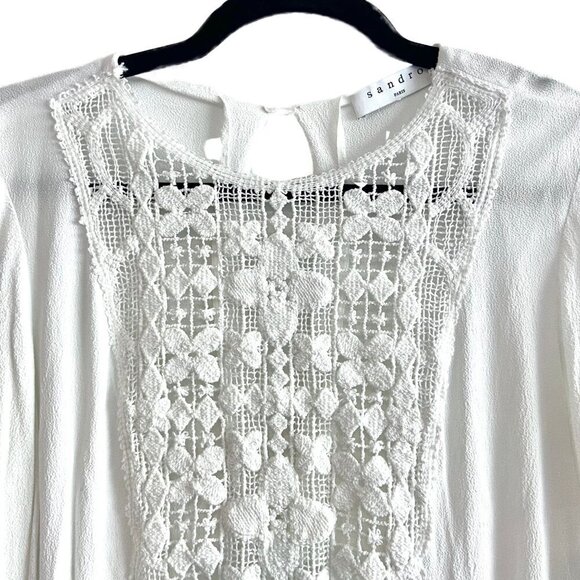 Sandro Paris Casey Lace Crepe Top Blouse Tunic Ecru Creme White Sz 2 - Picture 7 of 10